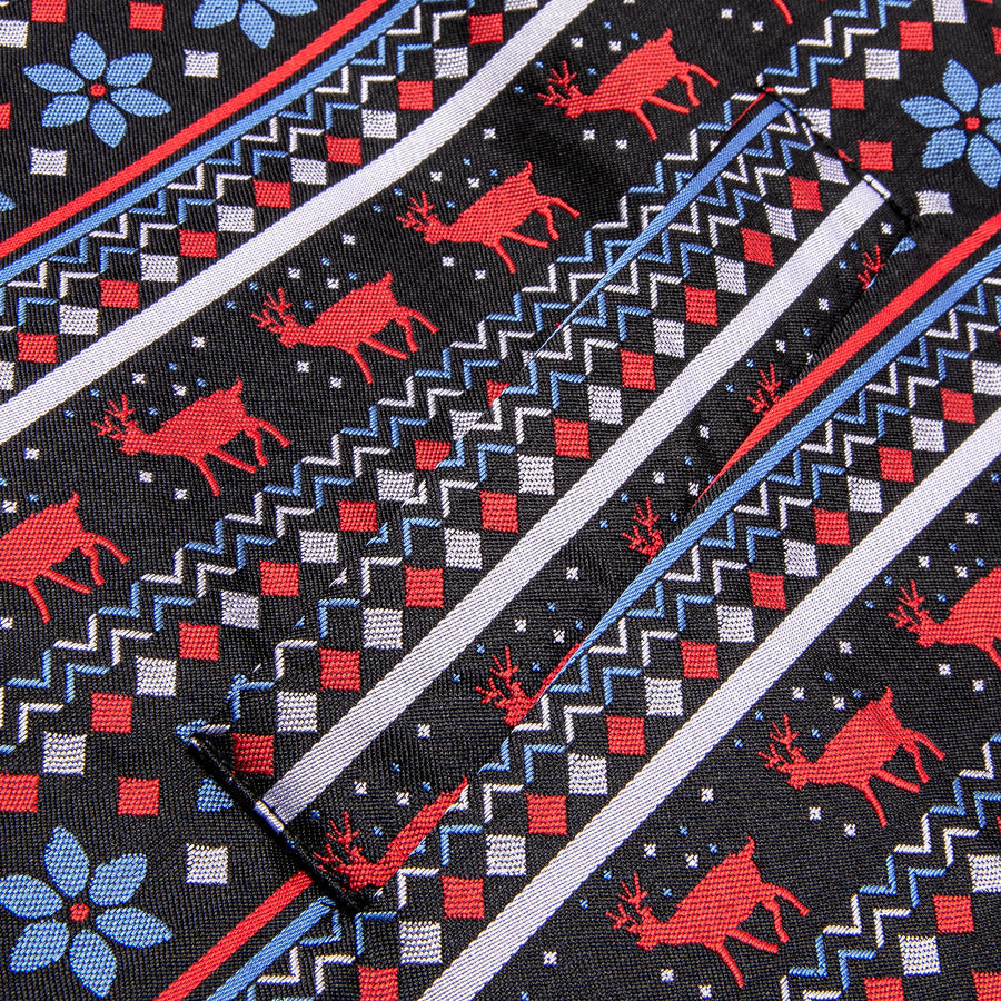 Black and Blue Jacquard Silk with Red Christmas Deer Design - 4 Piece Vest Set - GentCrest - View 4