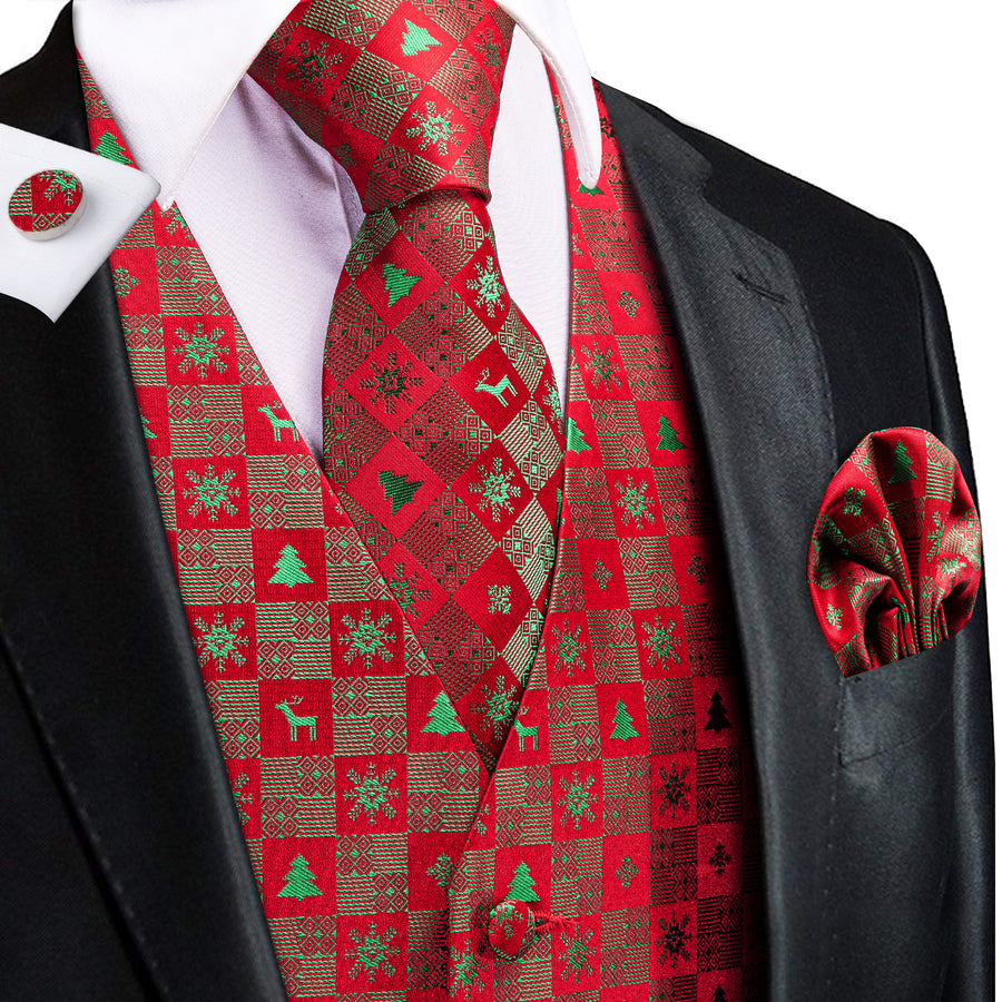 Christmas Red Green Deer Novelty Jacquard Vest Set - GentCrest
