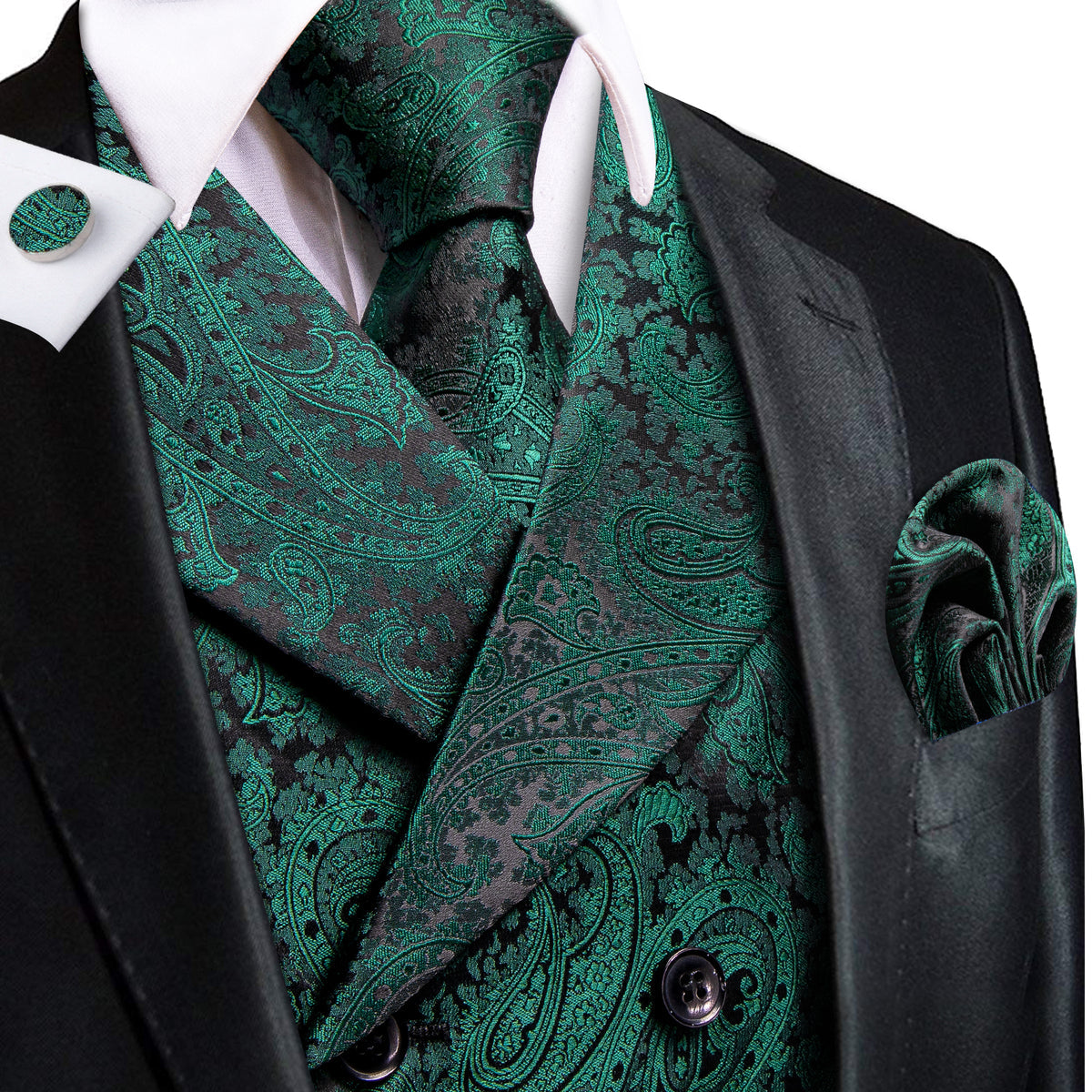 Dark Green Paisley Jacquard Vest Set - GentCrest