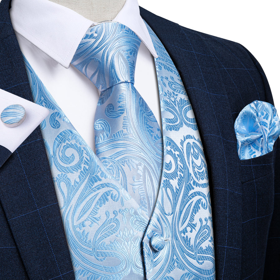 Radiant Sky Blue Paisley Vest Set - GentCrest