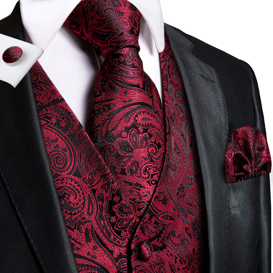 Red and Black Paisley Jacquard Vest Set - GentCrest