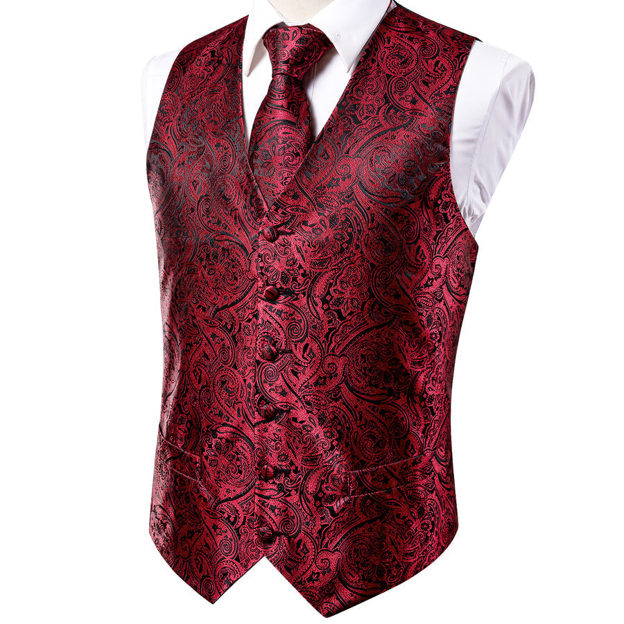 Red and Black Paisley Jacquard Vest Set - GentCrest - View 5
