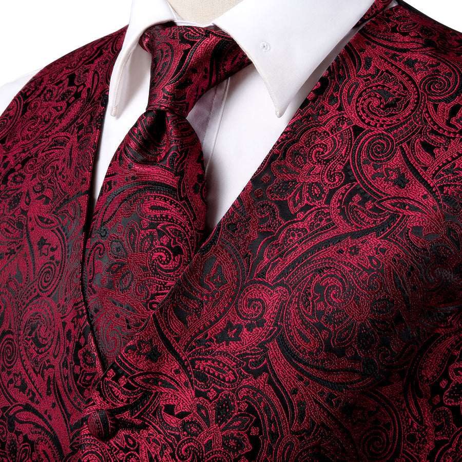 Red and Black Paisley Jacquard Vest Set - GentCrest - View 2