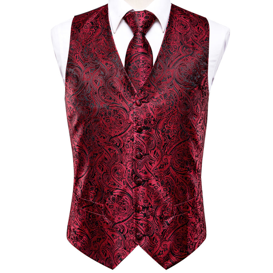 Red and Black Paisley Jacquard Vest Set - GentCrest - View 4