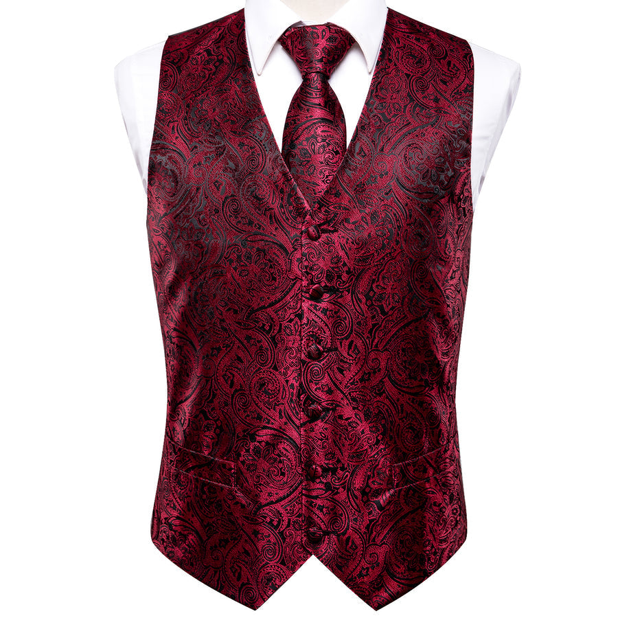 Red and Black Paisley Jacquard Vest Set - GentCrest - View 6