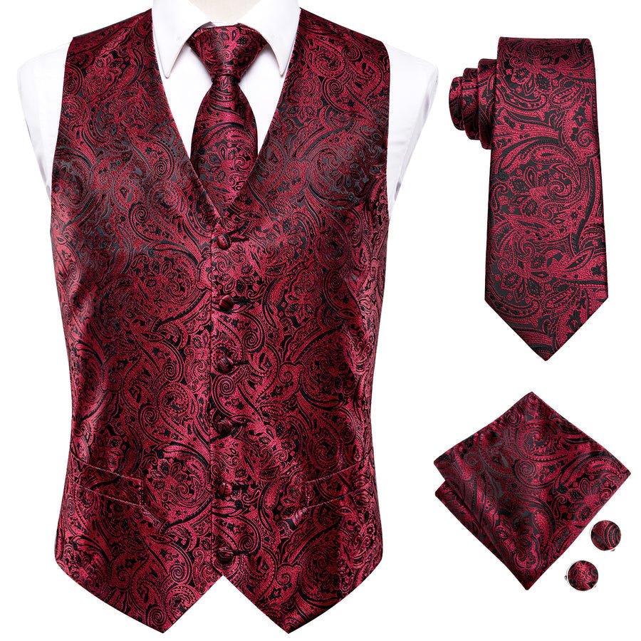Red and Black Paisley Jacquard Vest Set - GentCrest - View 3