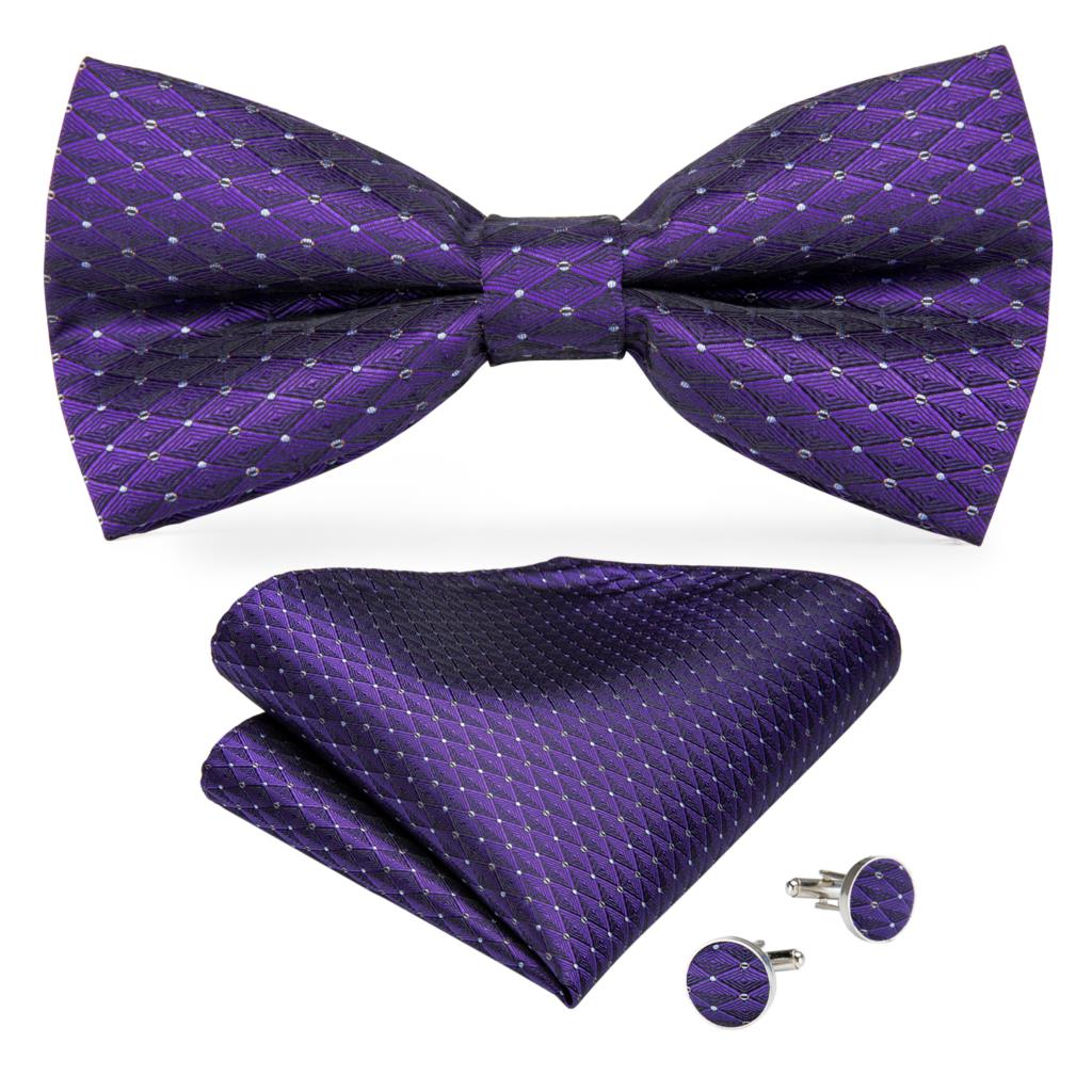 Black Silk Bow Tie Set with Pocket Square & Cufflinks - GentCrest