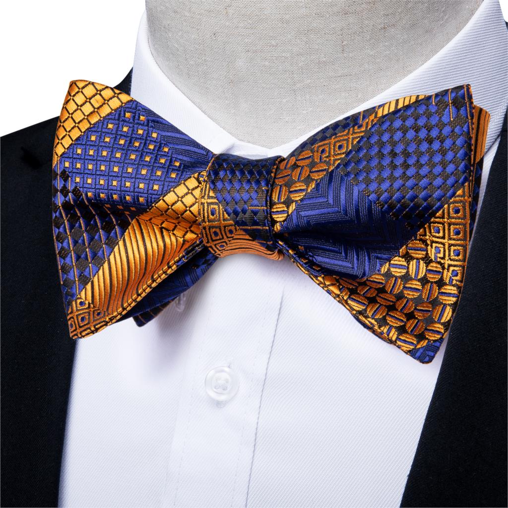 Blue and Gold Plaid Bow Tie Set - GentCrest