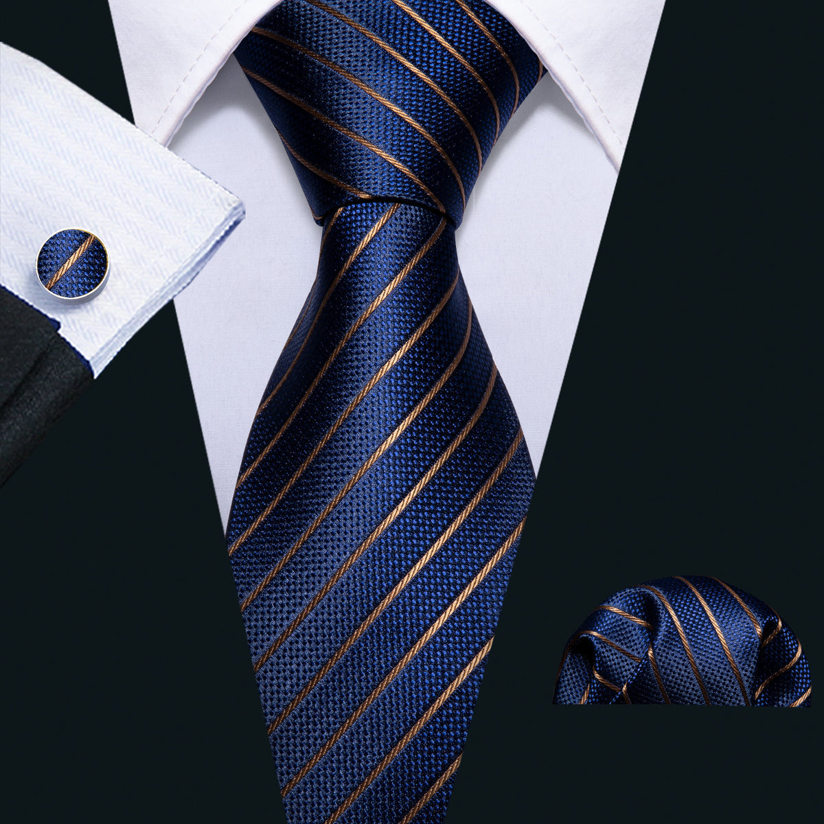 Regal Deep Blue & Gold Striped Silk with Pocket Square and Cufflinks Silk Tie Set - GentCrest
