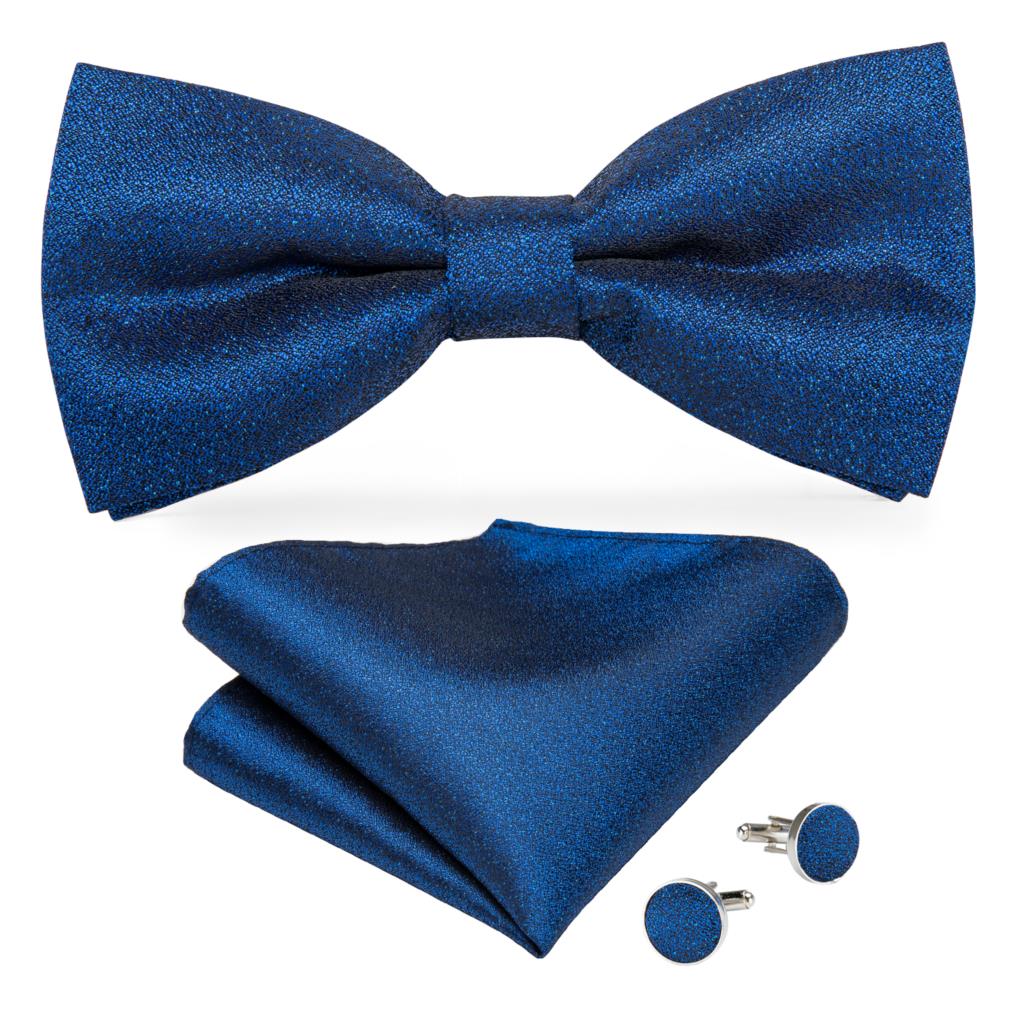 Black Silk Bow Tie Set with Pocket Square & Cufflinks - GentCrest