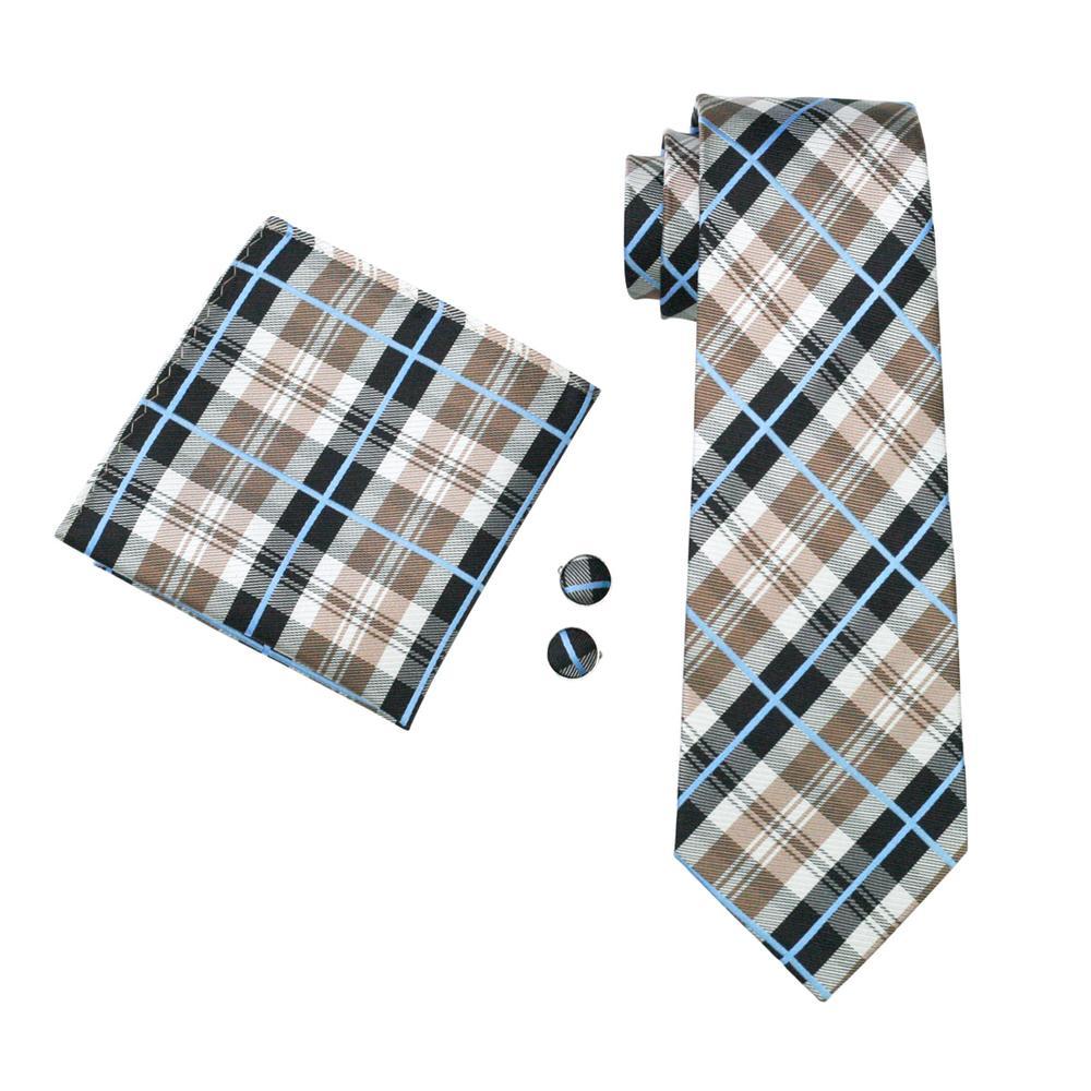 Brown Black White Plaid Silk Tie Set - GentCrest - View 3