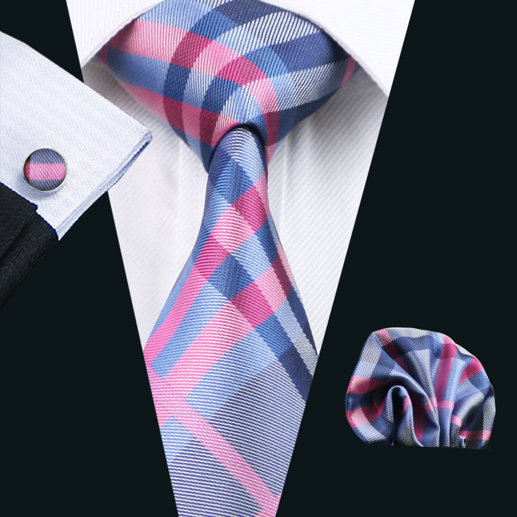 GentCrest Blue Plaid Tie Hanky Cufflinks Set - Image 1