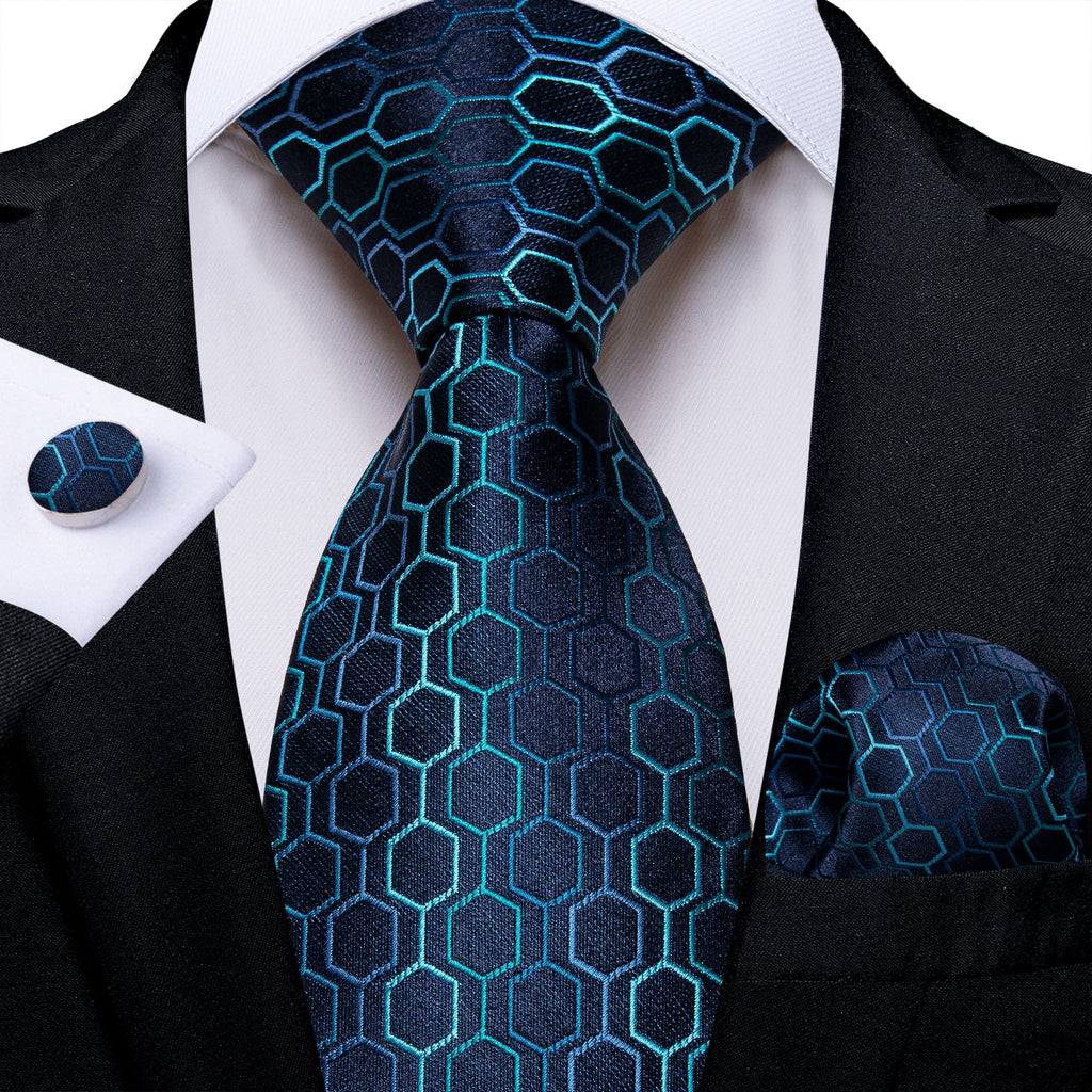 GentCrest Blue Geometric Tie Hanky Cufflinks Set - Image 1