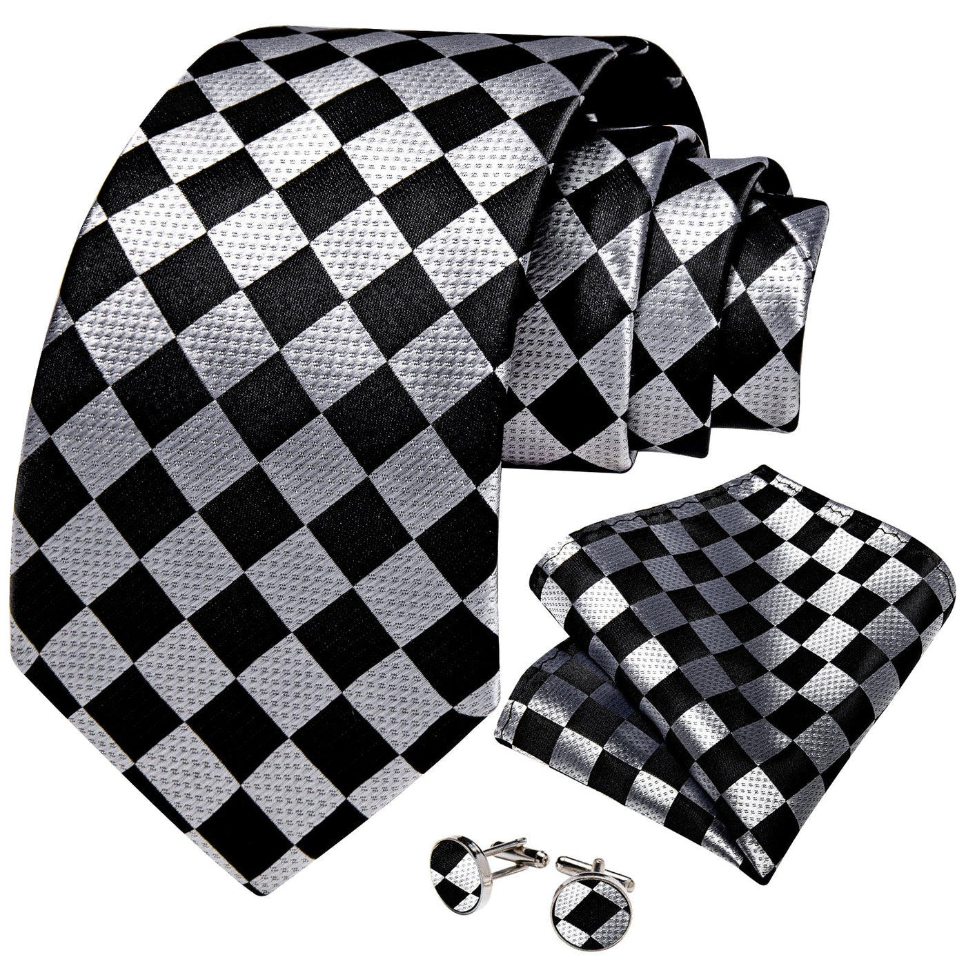 Silver & Black Checkerboard Silk Tie Set - GentCrest - View 3