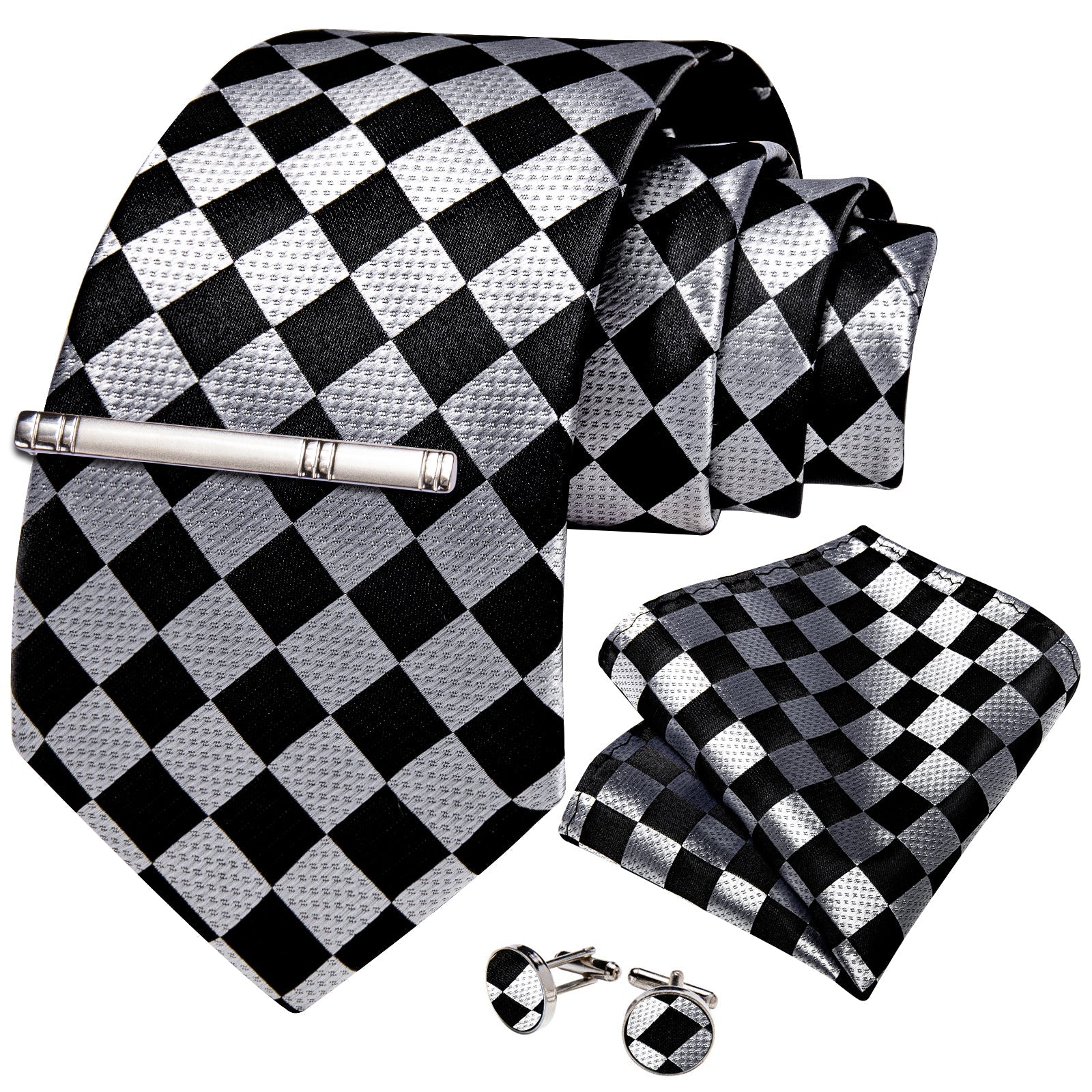 GentCrest Black Plaid Tie Hanky Cufflinks Set - Image 1