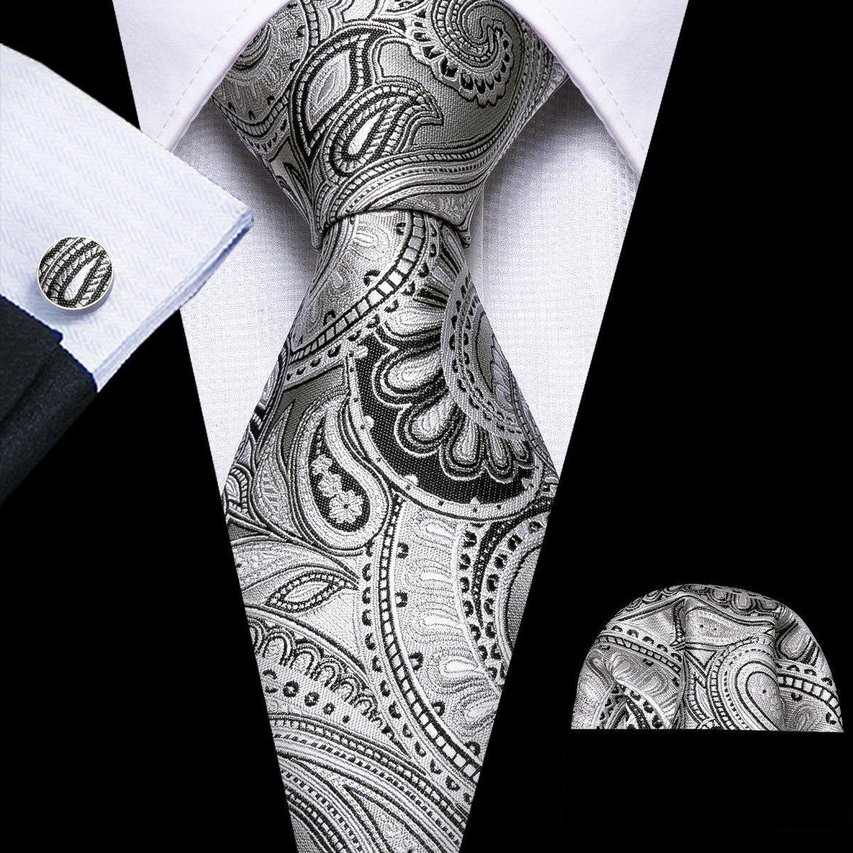 White Black Jacquard Paisley Silk Tie Set - GentCrest