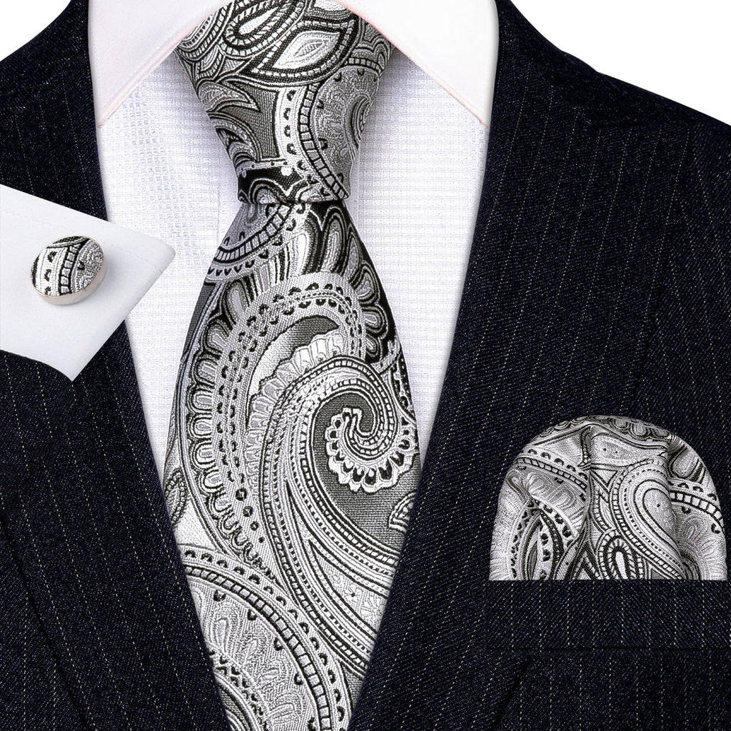 White Black Jacquard Paisley Silk Tie Set - GentCrest - View 2