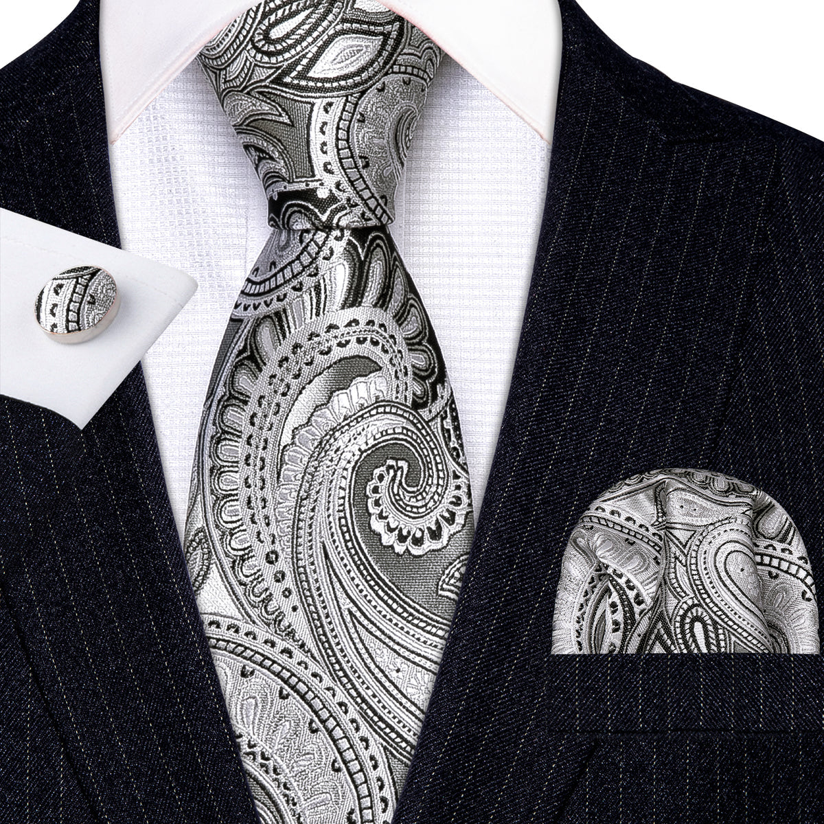 White Black Jacquard Paisley Silk Tie Set - GentCrest - View 2