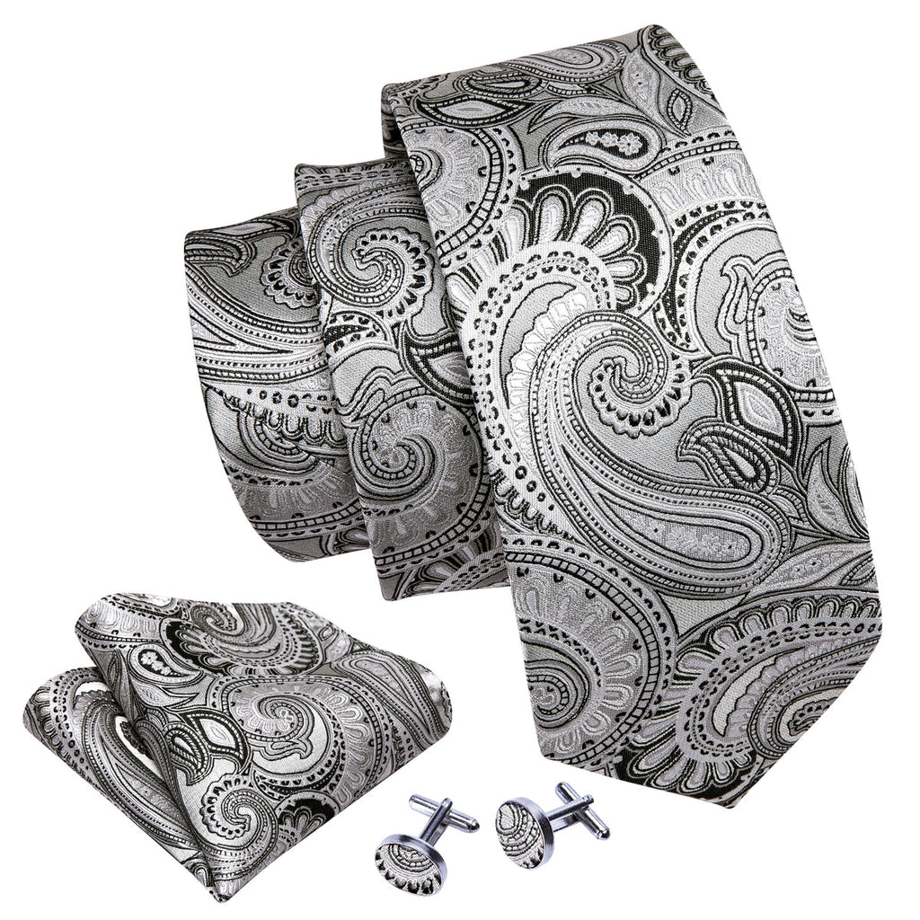 White Black Jacquard Paisley Silk Tie Set - GentCrest - View 3