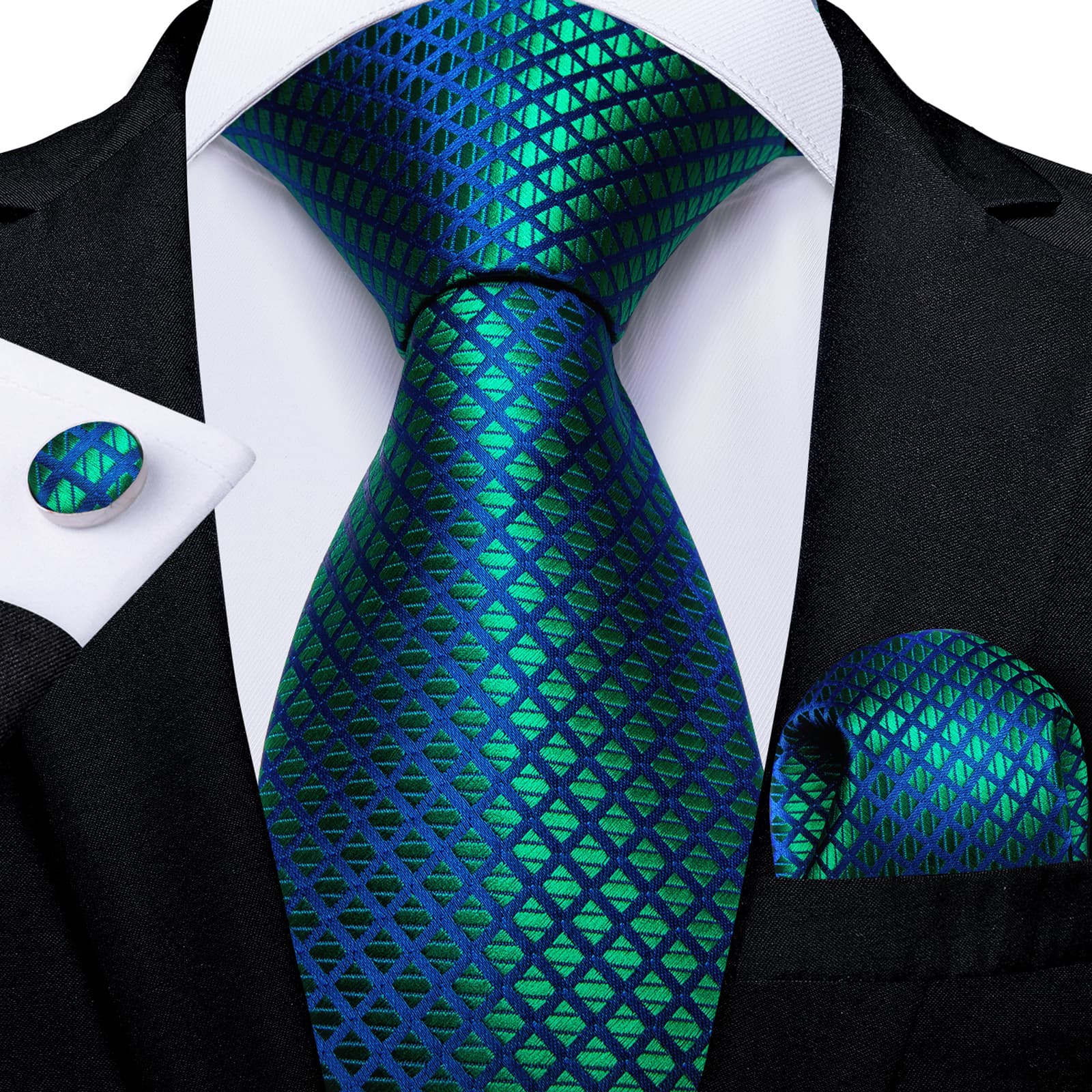 GentCrest Blue Plaid Tie Hanky Cufflinks Set - Image 1
