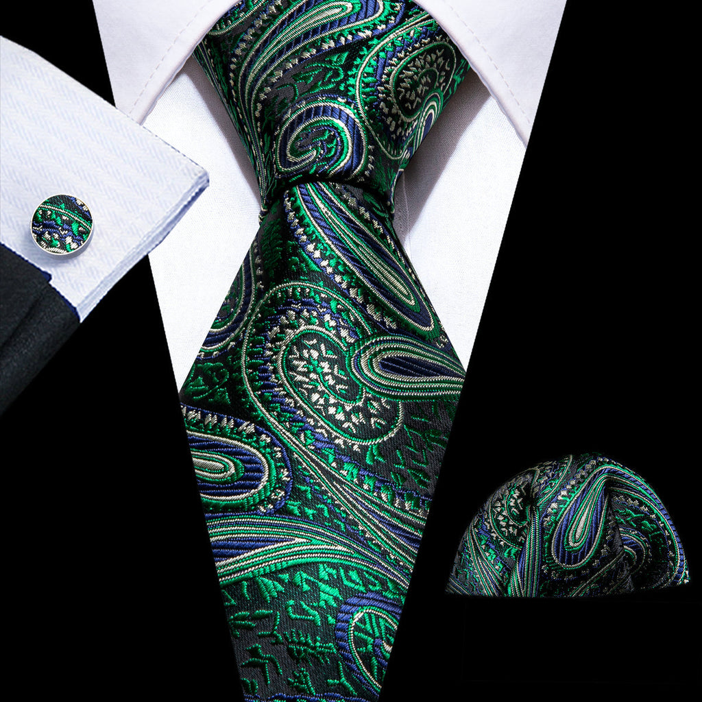 Elegant Green Paisley Jacquard Silk with Pocket Square and Cufflinks Silk Tie Set - GentCrest