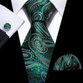 Elegant Green Paisley Jacquard Silk with Pocket Square and Cufflinks Silk Tie Set - GentCrest