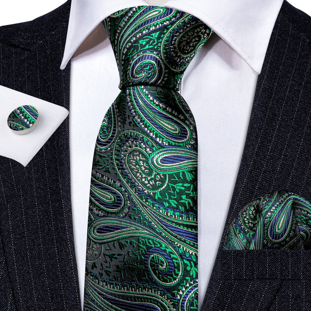 Elegant Green Paisley Jacquard Silk with Pocket Square and Cufflinks Silk Tie Set - GentCrest - View 3