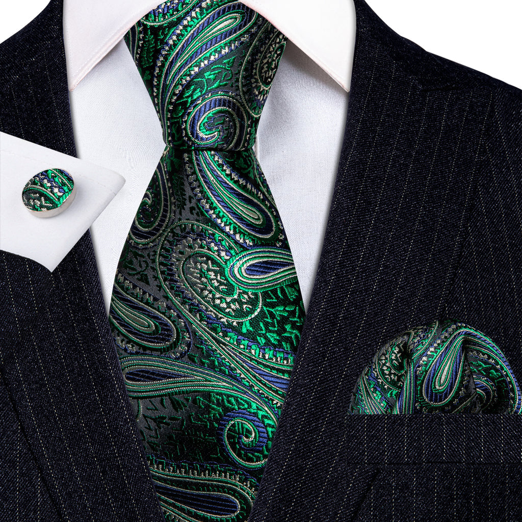 Elegant Green Paisley Jacquard Silk with Pocket Square and Cufflinks Silk Tie Set - GentCrest - View 2
