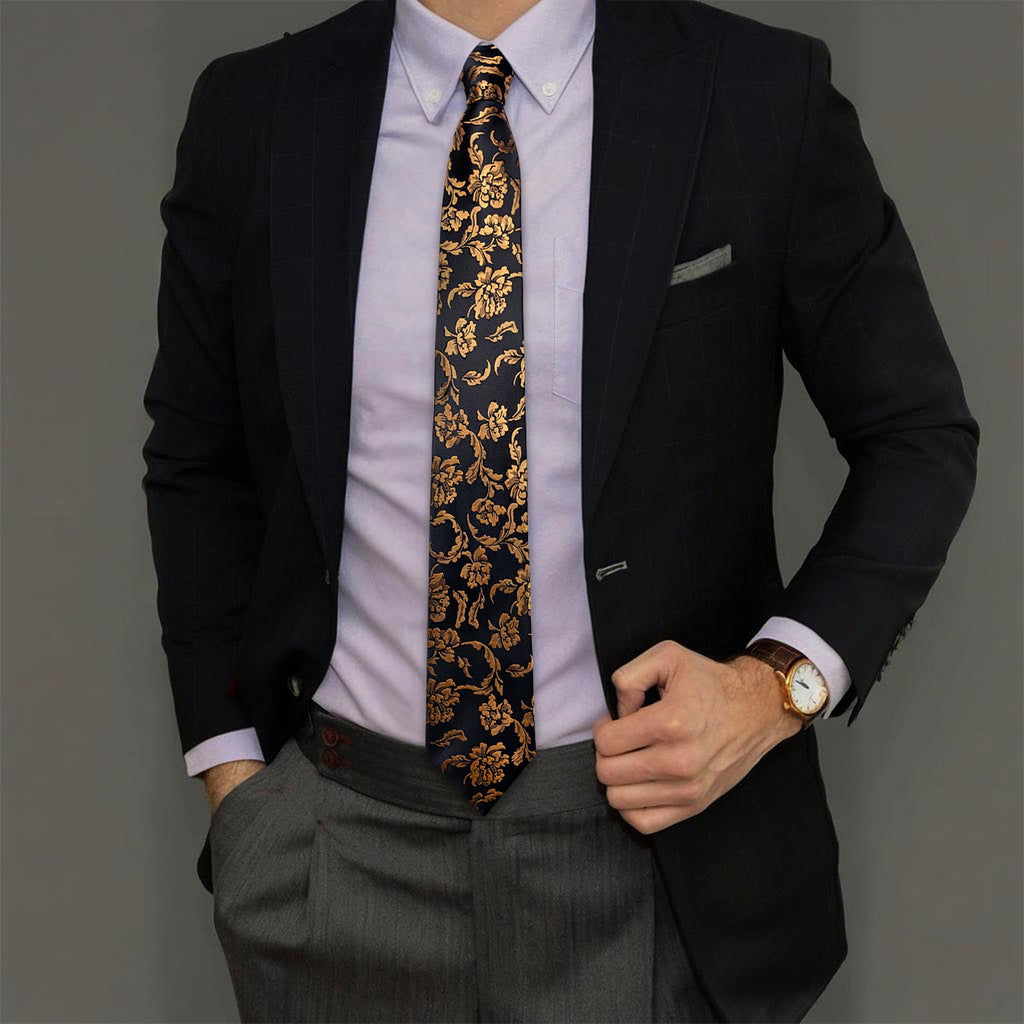 GentCrest Black Floral Tie Hanky Cufflinks Set - Image 1