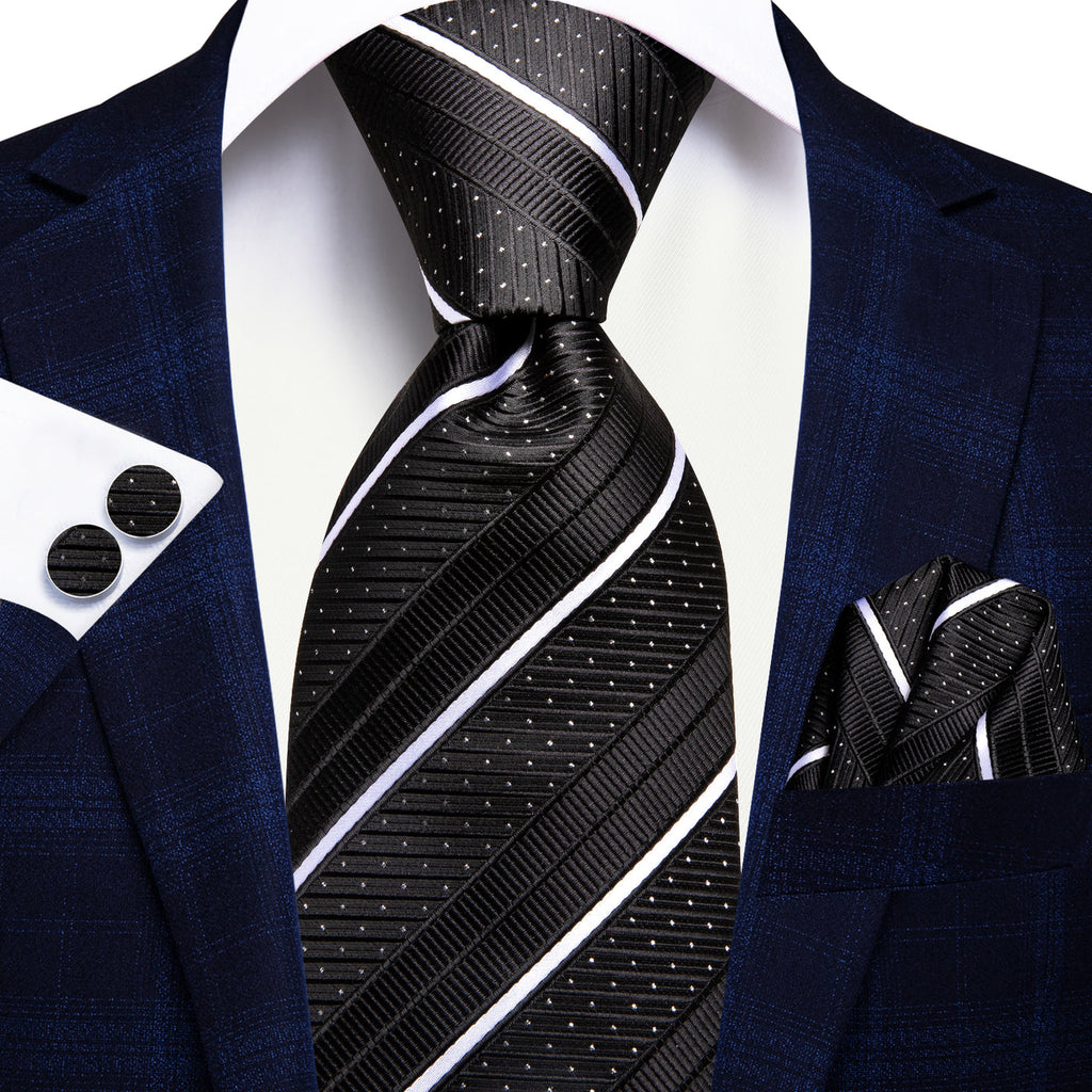 Black & White Diagonal Stripe & Dot Silk Tie Set - GentCrest - View 6