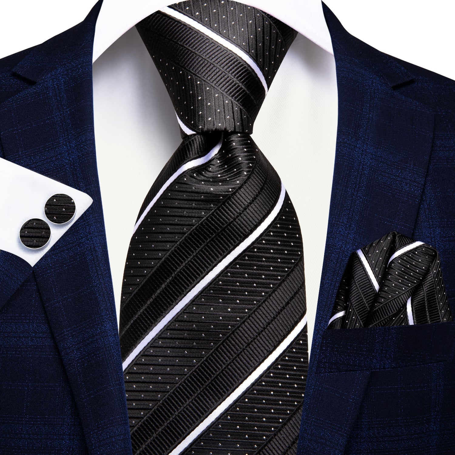 GentCrest Black Striped Tie Hanky Cufflinks Set - Image 2
