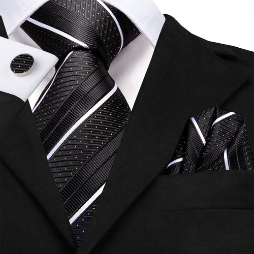 Black & White Diagonal Stripe & Dot Silk Tie Set - GentCrest