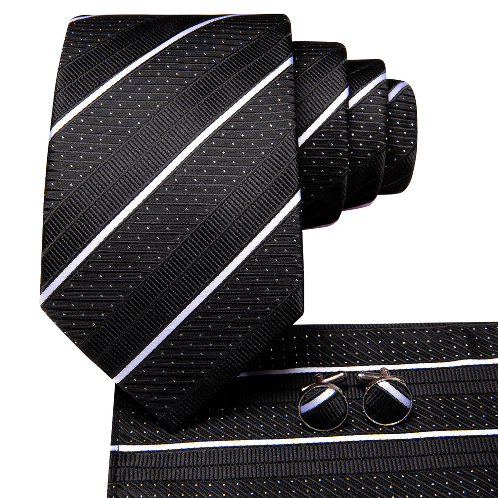 Black & White Diagonal Stripe & Dot Silk Tie Set - GentCrest - View 2