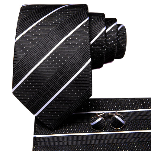 Black & White Diagonal Stripe & Dot Silk Tie Set - GentCrest - View 2