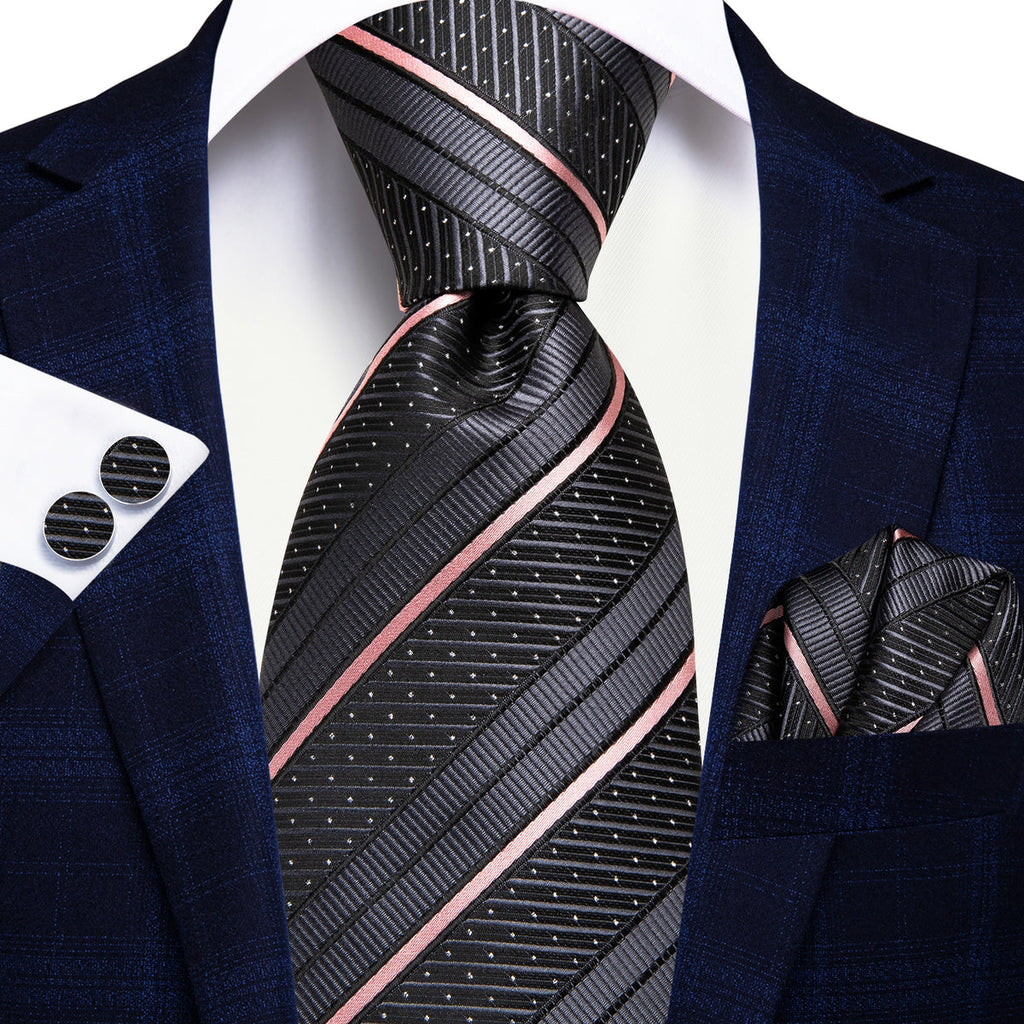 Gray and Pink Striped Silk Tie Set - GentCrest - View 6