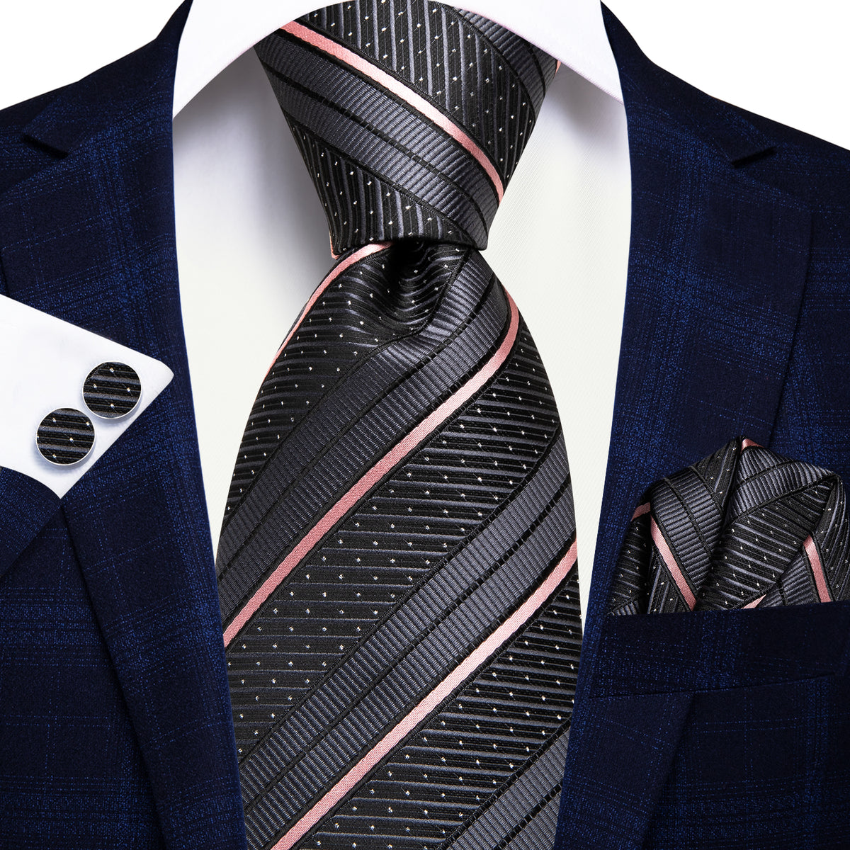 Gray and Pink Striped Silk Tie Set - GentCrest - View 6