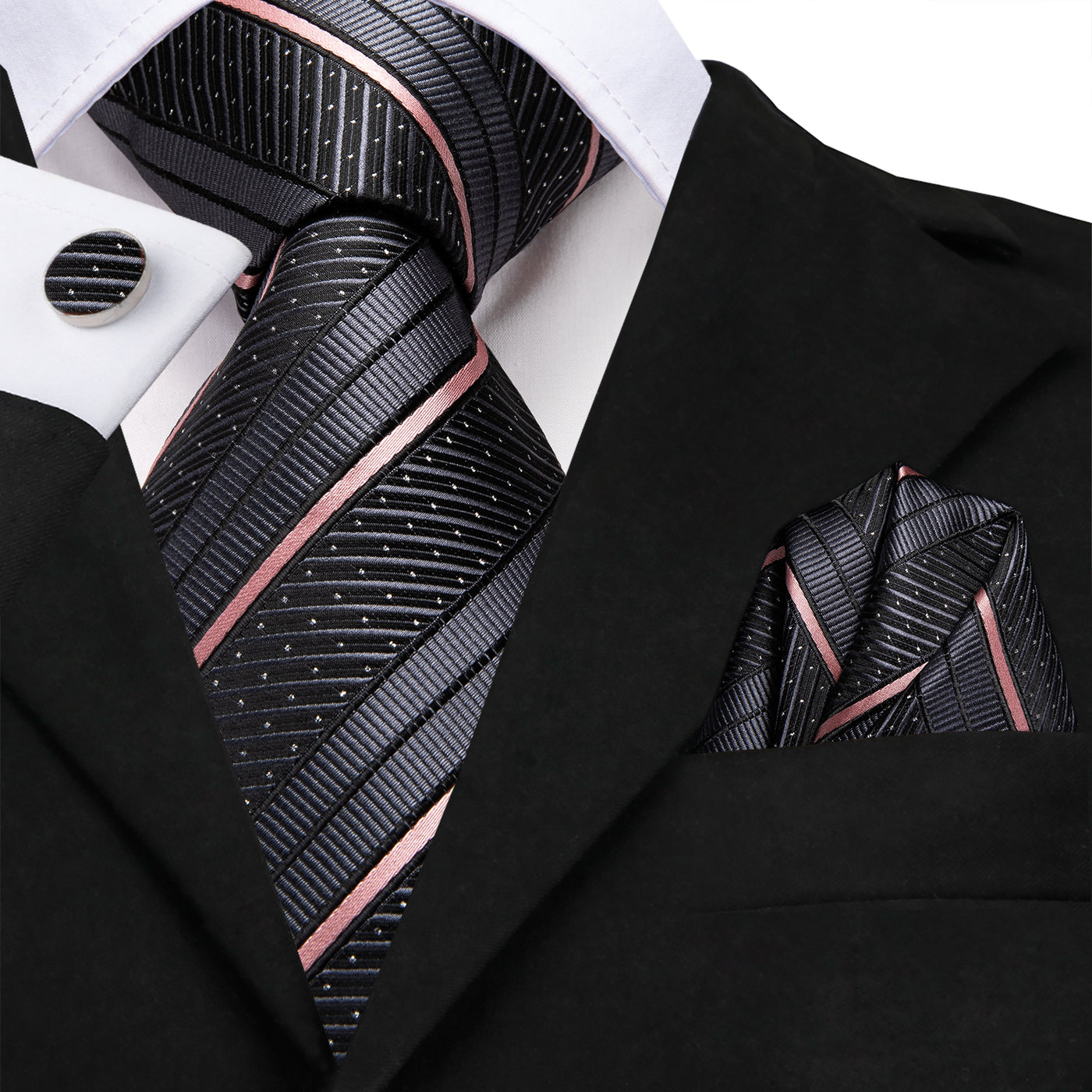 Gray and Pink Striped Silk Tie Set - GentCrest