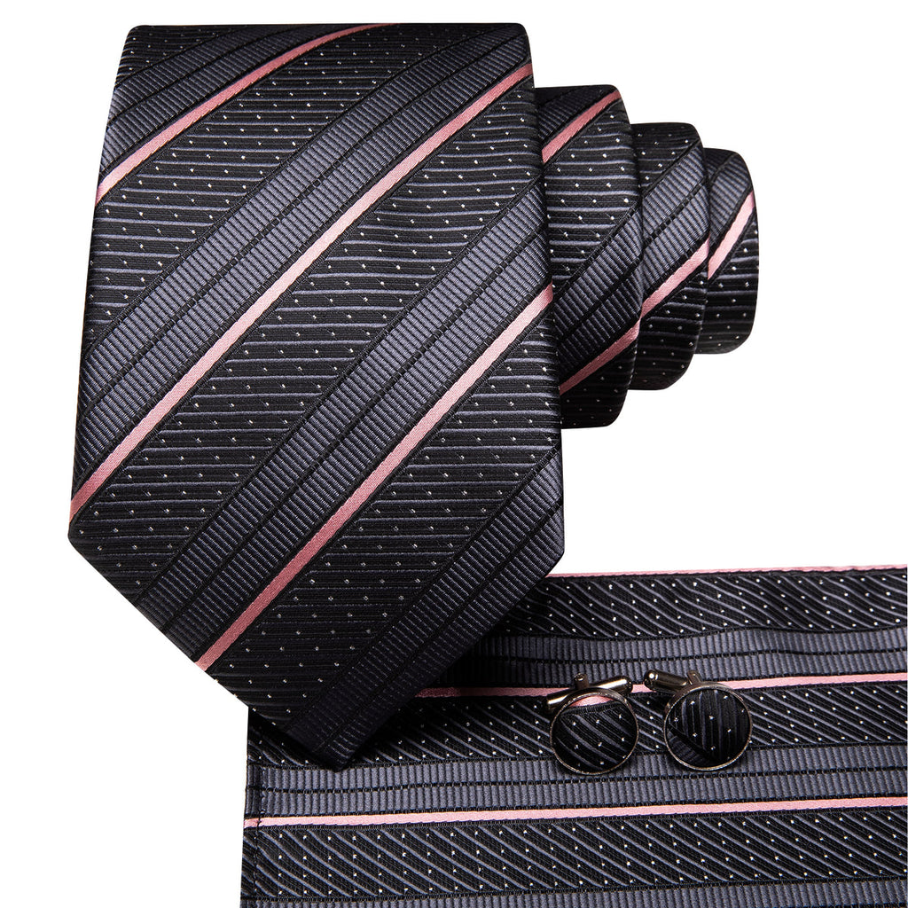 Gray and Pink Striped Silk Tie Set - GentCrest - View 3