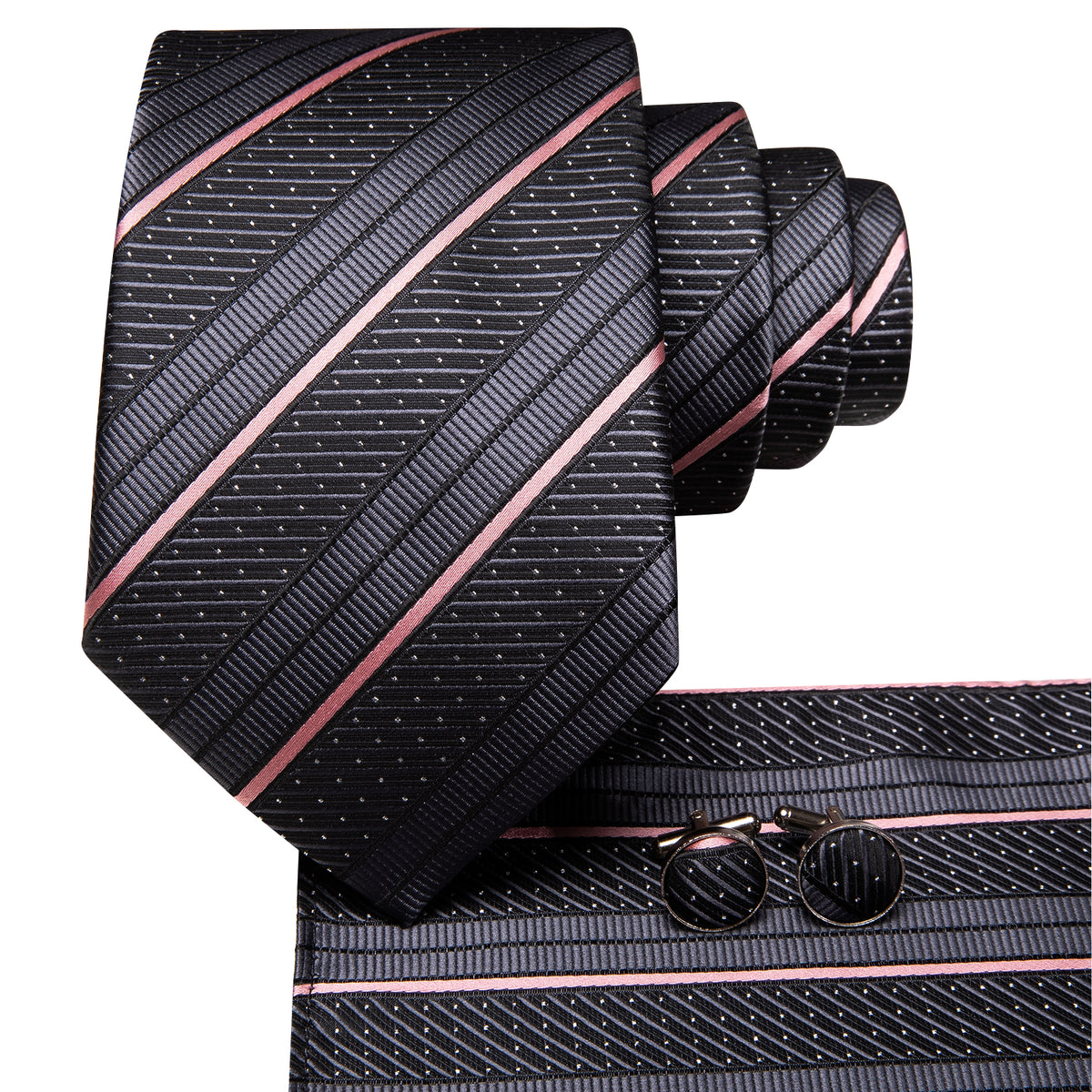 Gray and Pink Striped Silk Tie Set - GentCrest - View 3