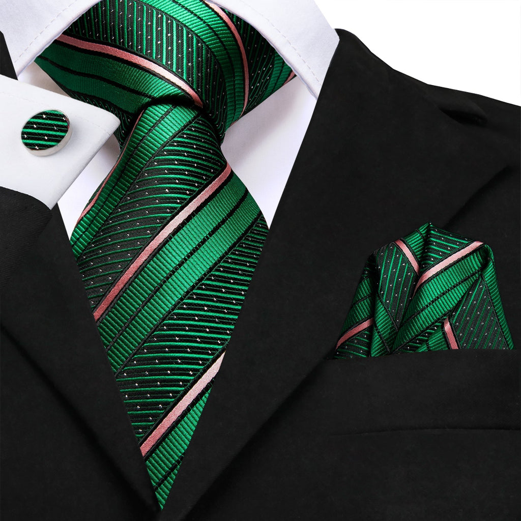 GentCrest Green Striped Tie Hanky Cufflinks Set - Image 1