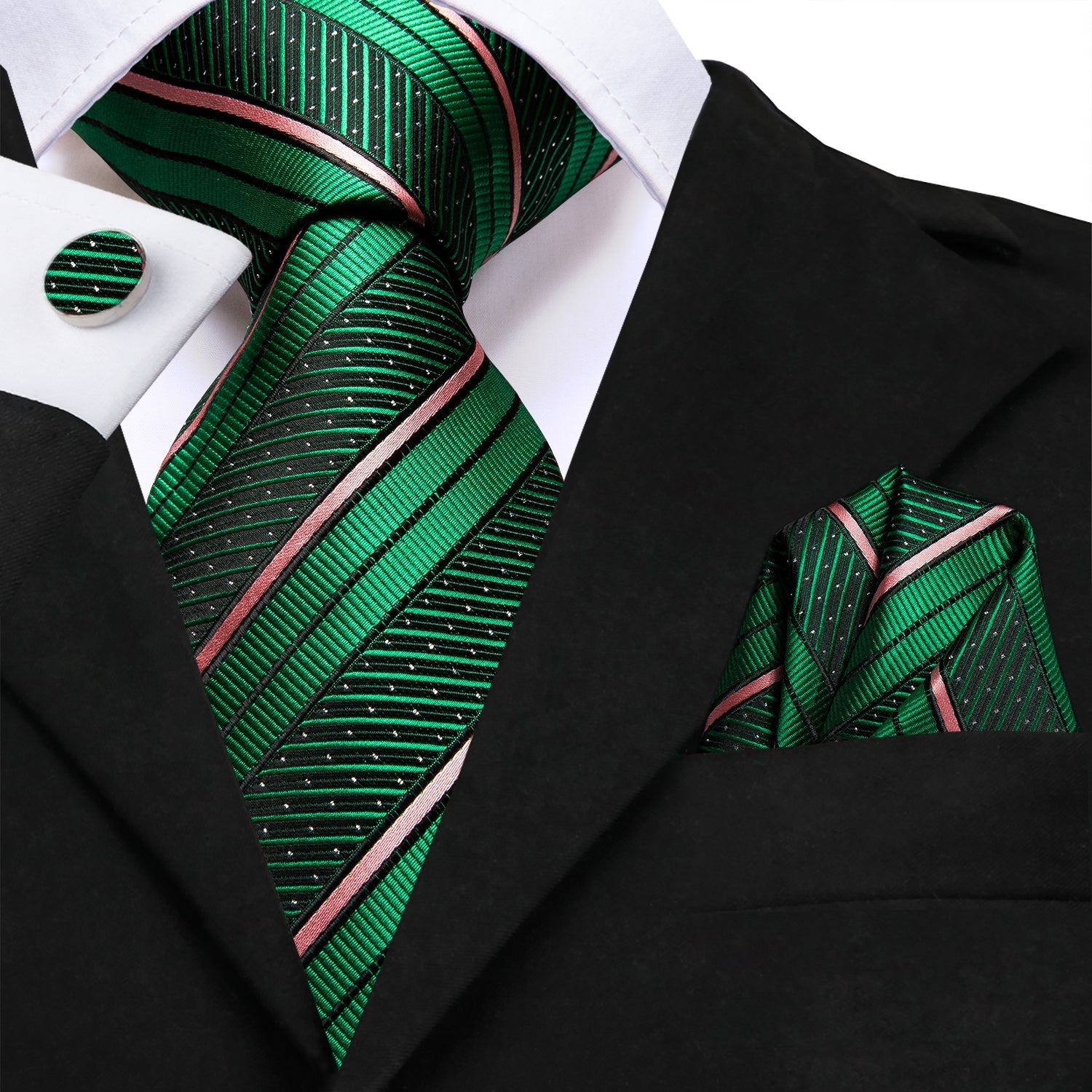 GentCrest Green Striped Tie Hanky Cufflinks Set - Image 1