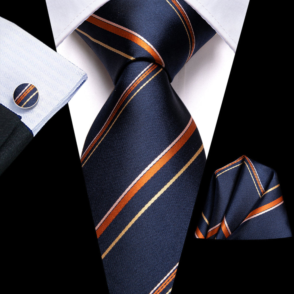 Navy Blue & Copper Striped Silk Tie with Gold Accents Silk Tie Set - GentCrest - View 5