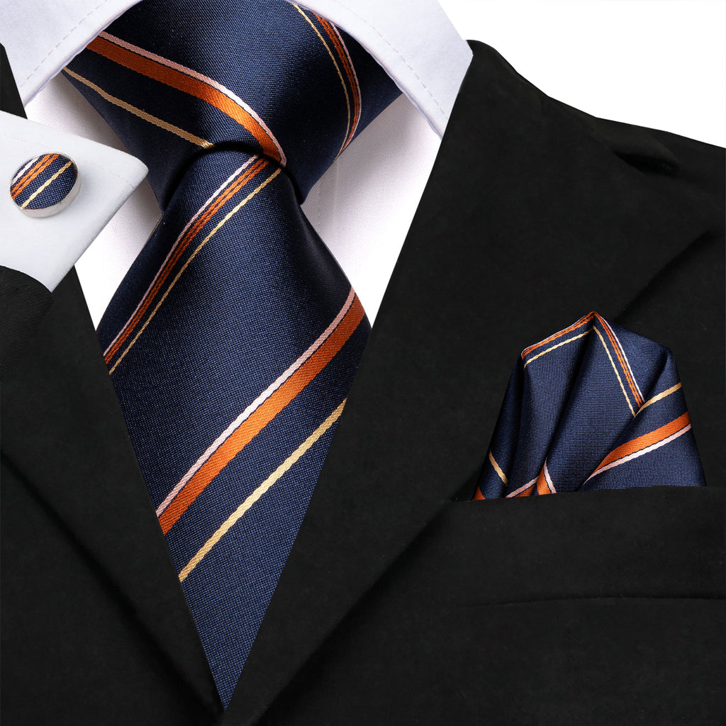 Navy Blue & Copper Striped Silk Tie with Gold Accents Silk Tie Set - GentCrest