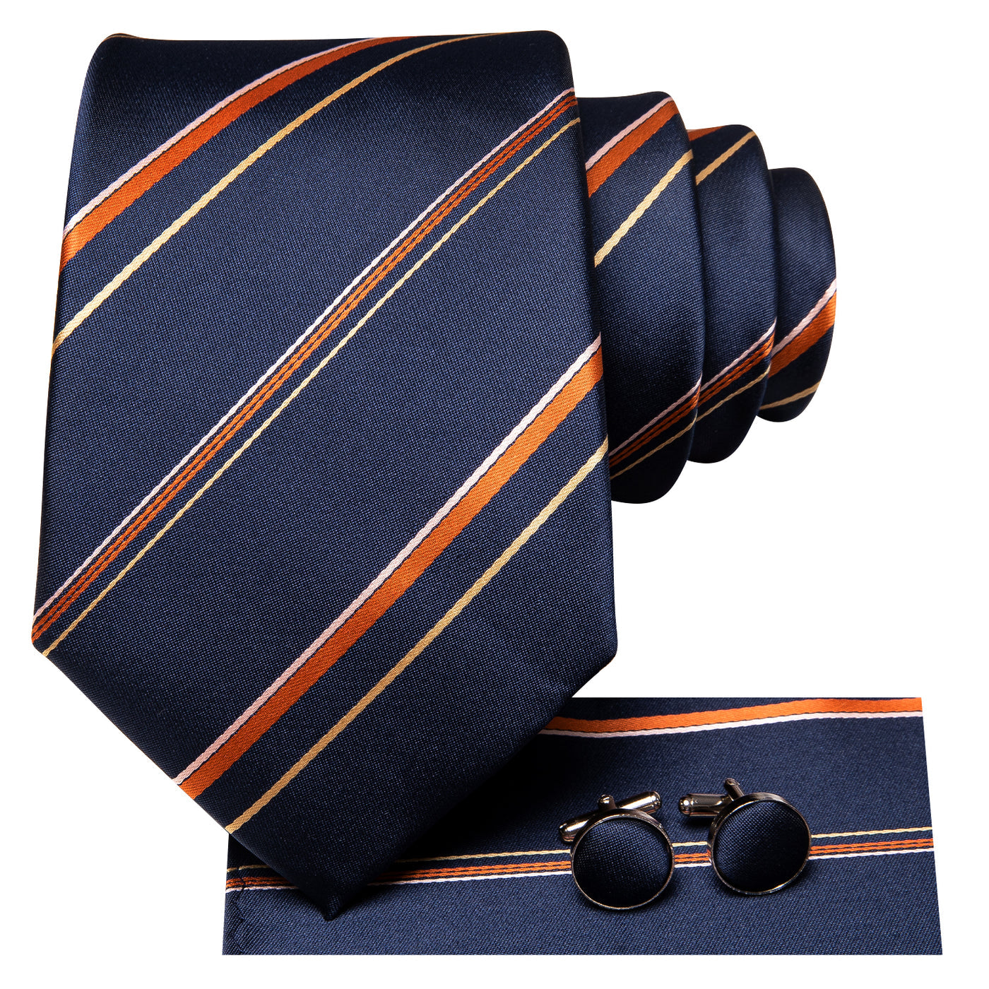 Navy Blue & Copper Striped Silk Tie with Gold Accents Silk Tie Set - GentCrest - View 3