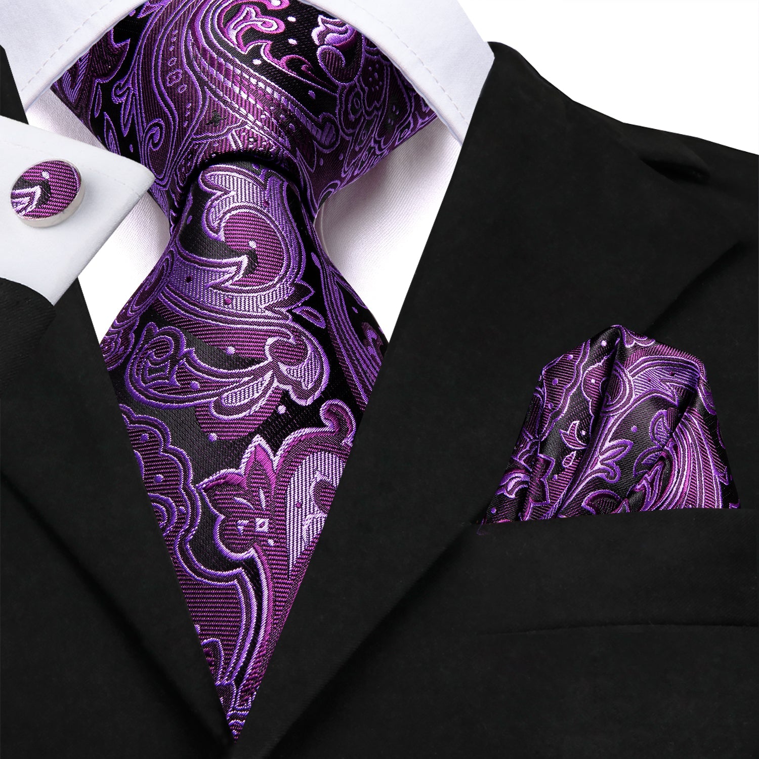 GentCrest Black Paisley Tie Hanky Cufflinks Set - Image 1