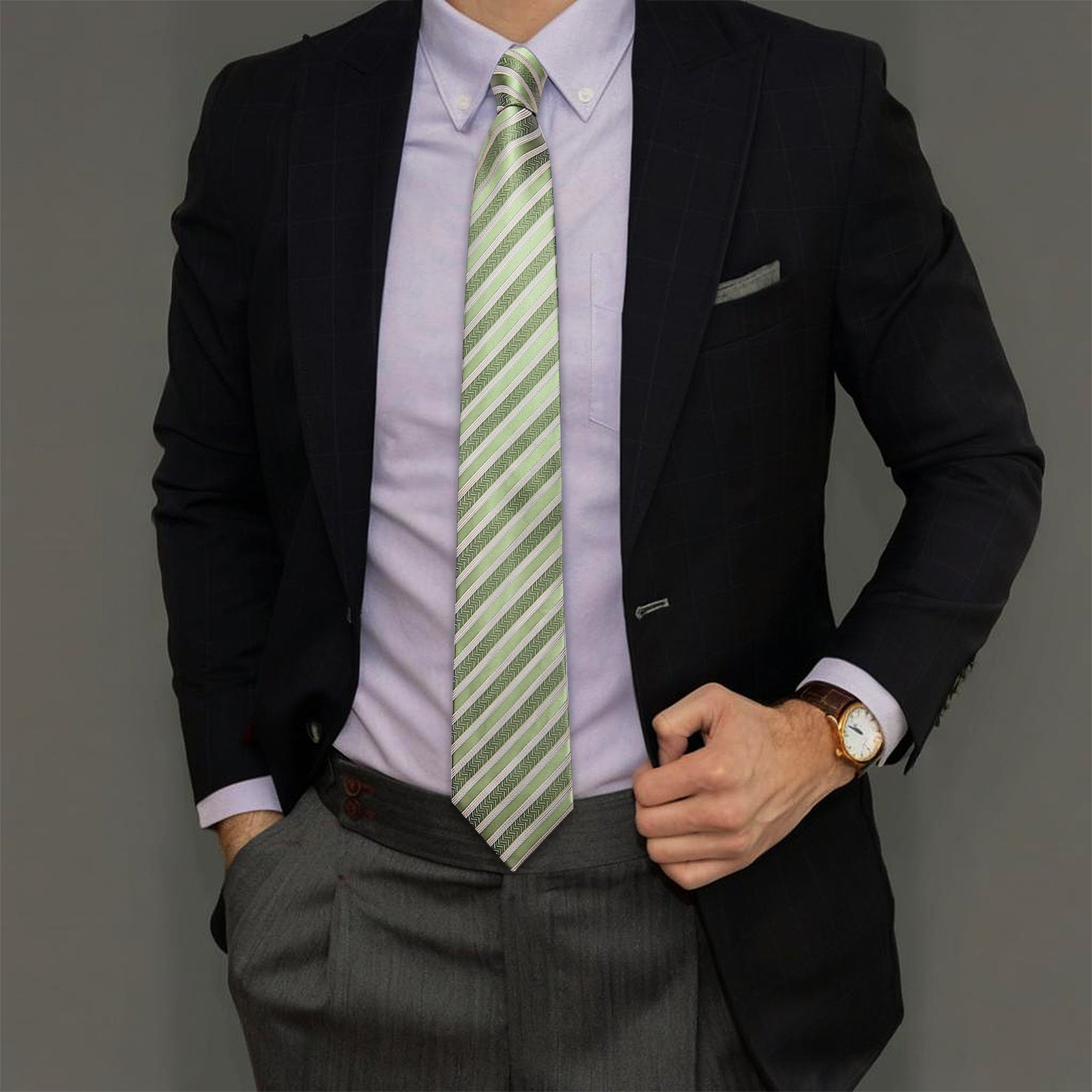 GentCrest Green Striped Tie Hanky Cufflinks Set - Image 3