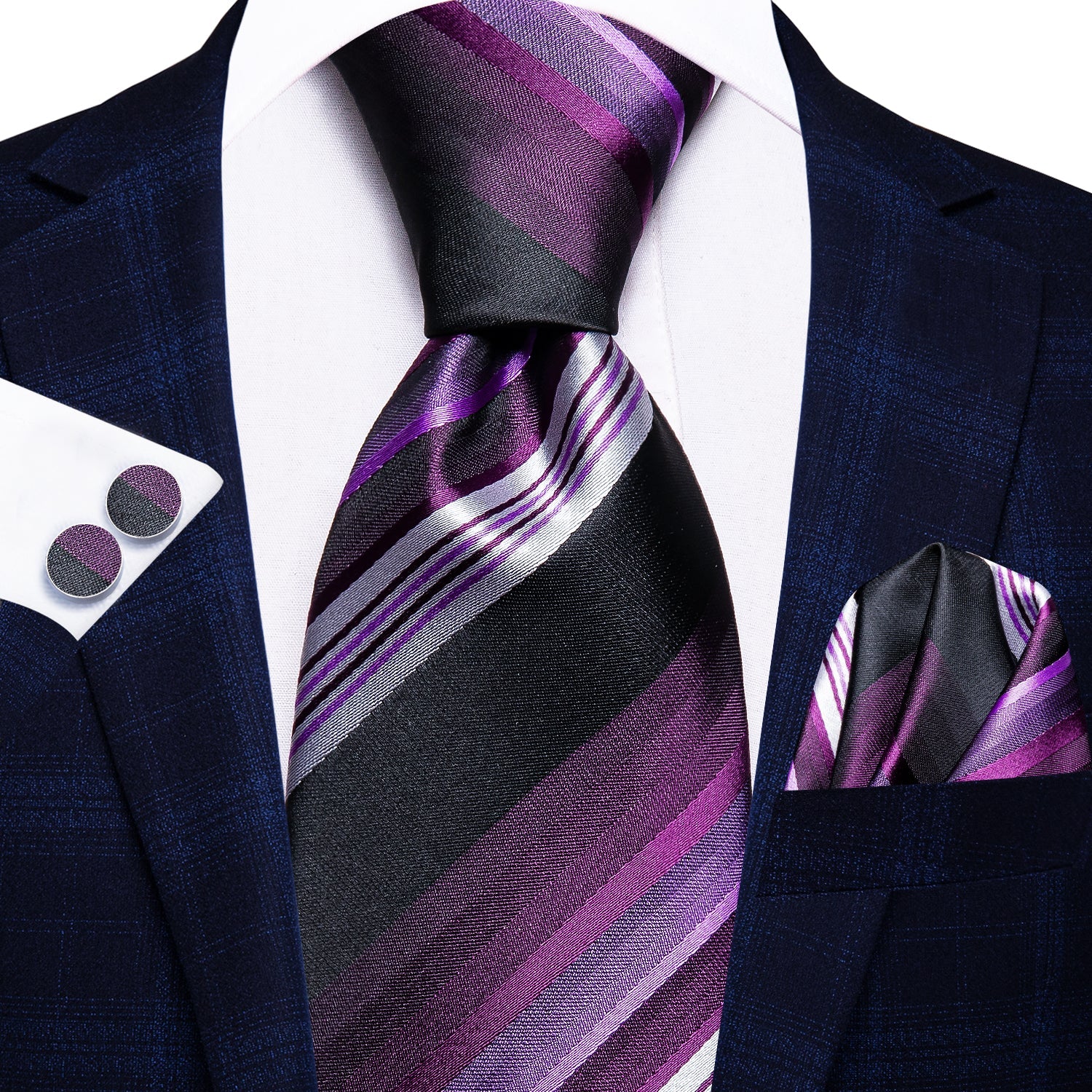 GentCrest Purple Striped Tie Hanky Cufflinks Set - Image 2