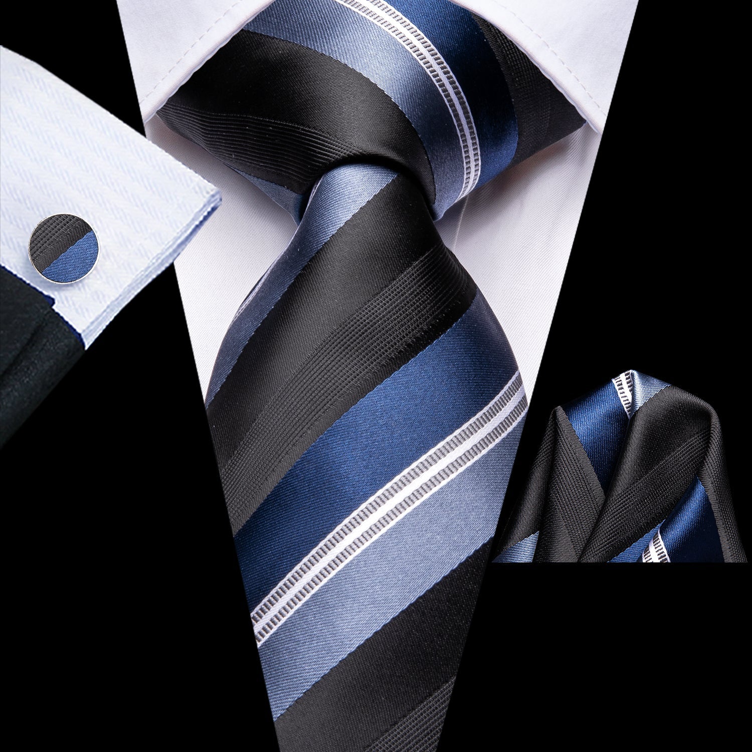 GentCrest Black Striped Tie Hanky Cufflinks Set - Image 1
