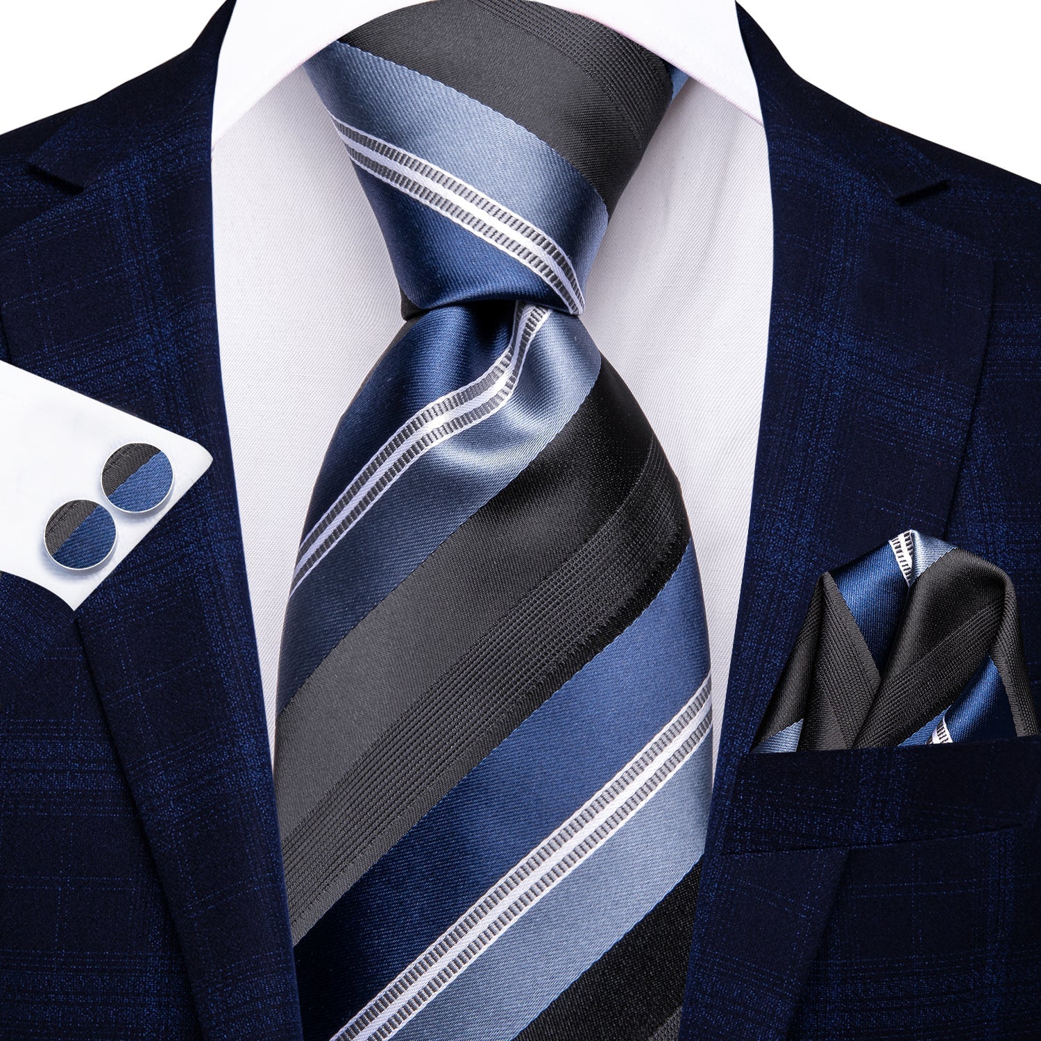 GentCrest Black Striped Tie Hanky Cufflinks Set - Image 2