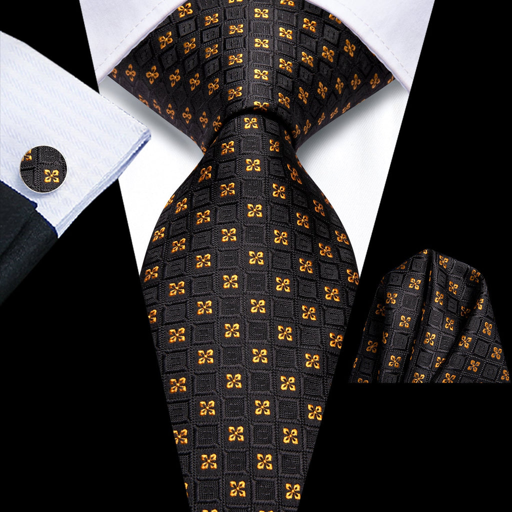 GentCrest Black Floral Tie Hanky Cufflinks Set - Image 1